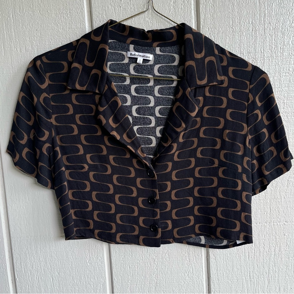 Reformation Noah Linguini Retro Print Cropped Button Down Short Sleeve Size 6 - Picture 2 of 8